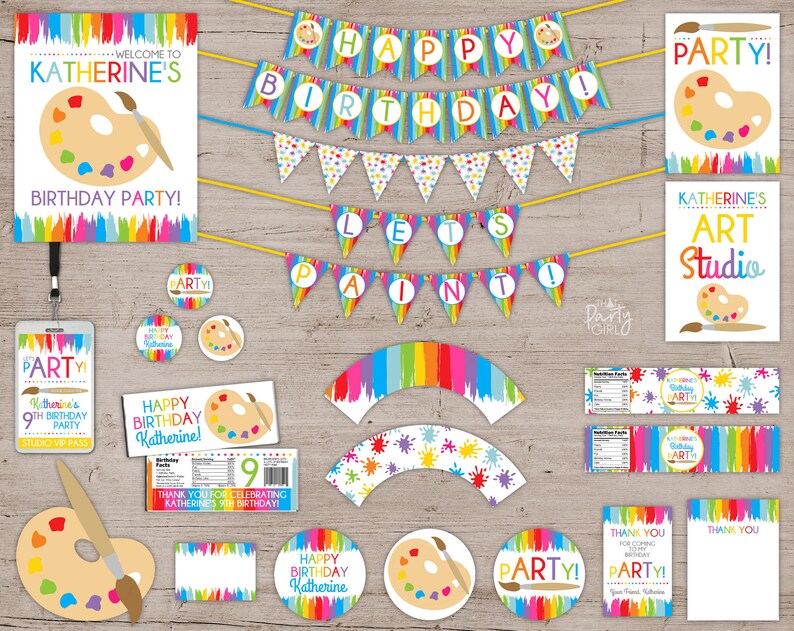 May include: Art party printable set with colorful paint splatters, paintbrushes, and palettes. Includes banners, cupcake toppers, favor tags, and more. The text reads "Welcome to Katherine's Birthday Party!" and "Katherine's Art Studio".