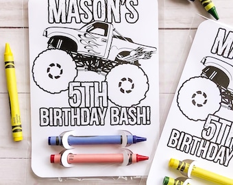 Personalized Monster Truck Coloring Card, Birthday Party Favor