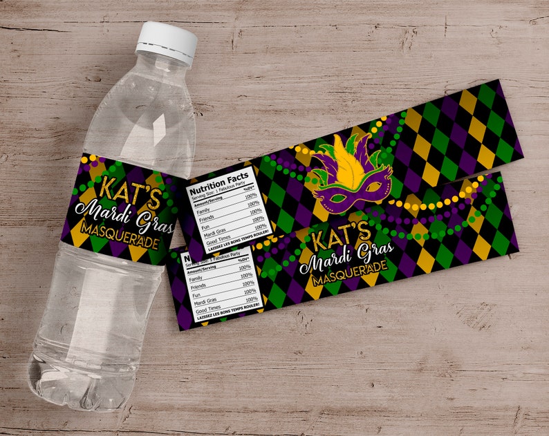 Mardi Gras Masquerade Party Water Bottle Labels DIY U Print image 1