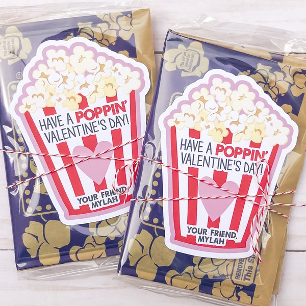 Valentine Popcorn Stickers, Valentine's Day Stickers, Boy Girl Kids Classroom Labels, Poppin' Valentines Labels, Die-cut popcorn bag sticker