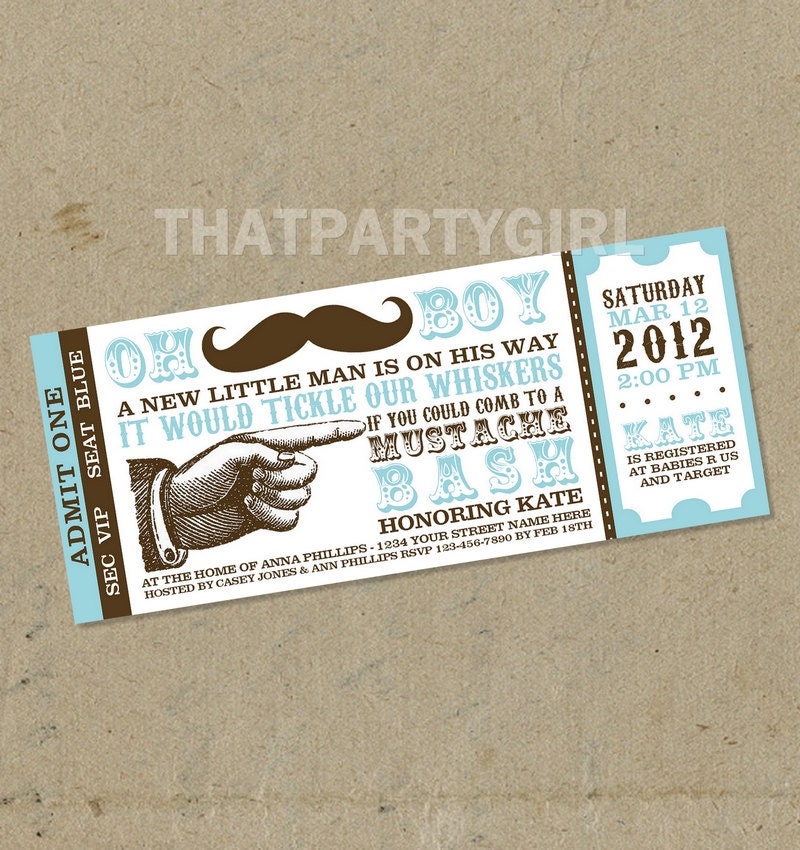 Mustache Bash Baby Shower Party Ticket Invitations Favors Etsy