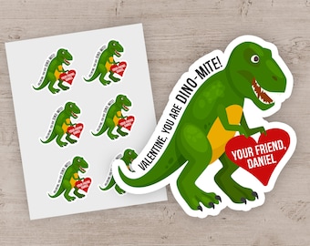 Dinosaur Valentine Stickers, Dinosaur Valentine's Day Die-Cut Stickers, Personalized Dino-Mite Classroom Valentines