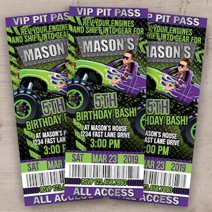 Monster Truck Invitation, Monster Truck Birthday Party Invitations, Monster Truck Party, Printed Pit Pass Ticket Invites