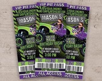 Monster Truck Birthday Party Invitations: Pit Pass Ticket Invites