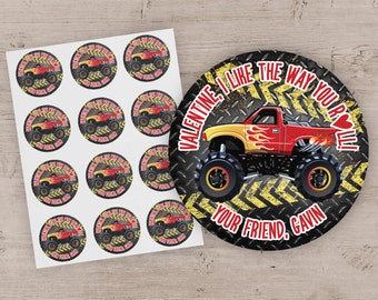 Monster Truck Valentine's Day Stickers, Monster Truck Valentine Treat Bag, Monster Truck Party Favor Treat Bag Stickers Labels - Set of 12