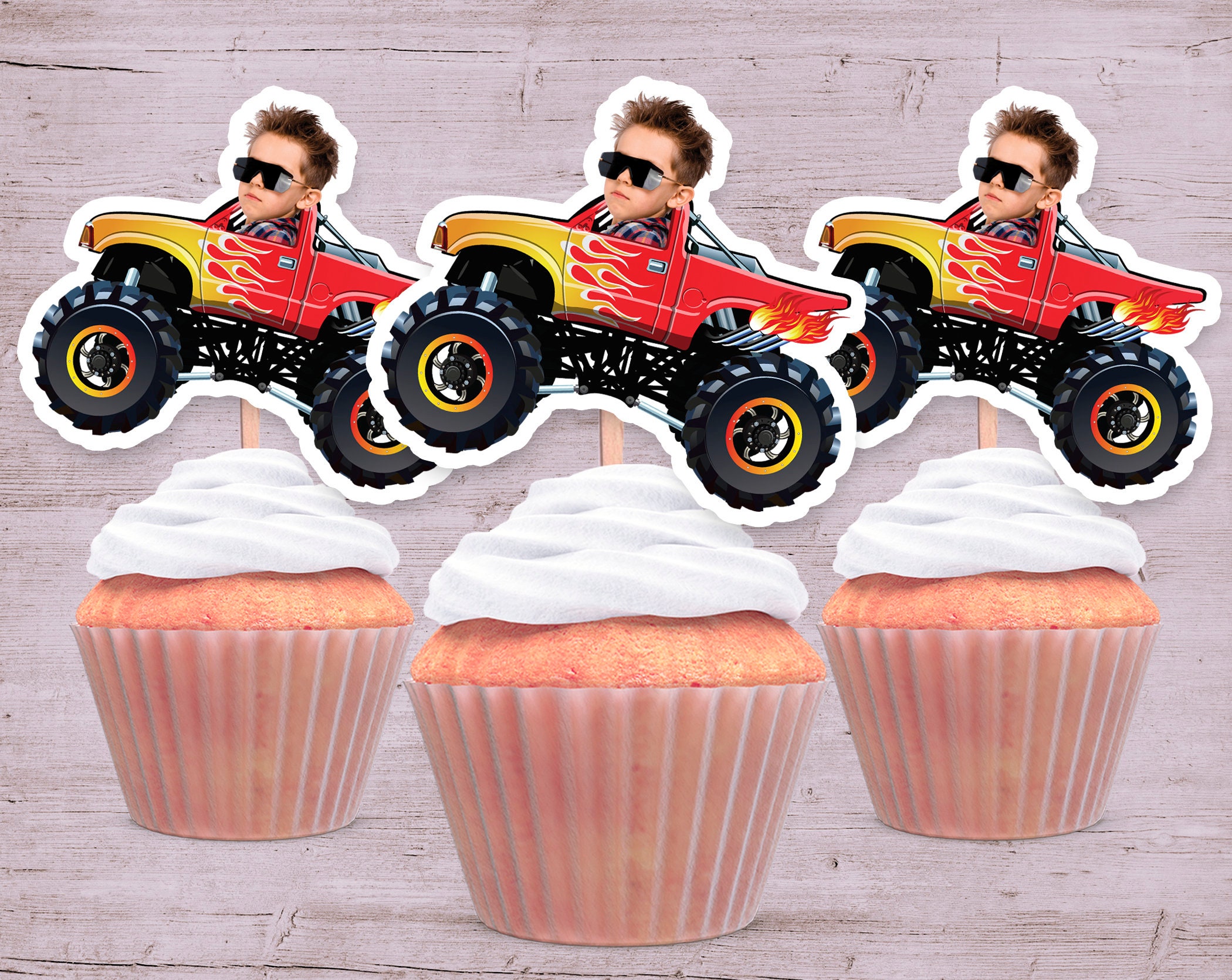 Monster Truck Party Photo Cupcake Toppers, Monster Truck Face Cupcake Toppers, Party Decorations, Monster Truck Party Favors