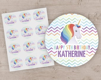 May include: A sheet of 12 round stickers featuring a rainbow unicorn with the text "Happy 5th Birthday Katherine". The stickers are on a white background with a chevron pattern.