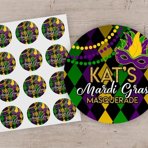 Mardi Gras Party Favor Stickers, Mardi Gras Birthday Party Treat Bag Labels, Mardi Gras Party Favor Treat Bag Stickers Labels Set of 12 image 1