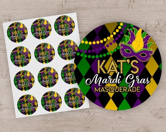 Mardi Gras Party Favor Stickers, Mardi Gras Birthday Party Treat Bag Labels, Mardi Gras Party Favor Treat Bag Stickers Labels - Set of 12