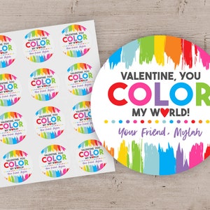 Valentine Stickers, Kids Valentine's Day, Color Your World Stickers, Crayon Valentines, Rainbow Valentine Labels, Colorful - Set of 12