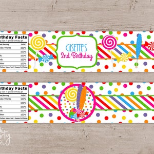 Peut inclure: Une &eacute;tiquette de faveur de f&ecirc;te de 2e anniversaire imprimable sur le th&egrave;me des bonbons color&eacute;s. L'&eacute;tiquette pr&eacute;sente un fond blanc avec des rayures et des pois color&eacute;s. Le texte "GISETTE'S 2nd Birthday" est dans un cadre vert et rose. L'&eacute;tiquette comprend &eacute;galement un tableau de valeur nutritionnelle avec un titre humoristique "Birthday Facts".
