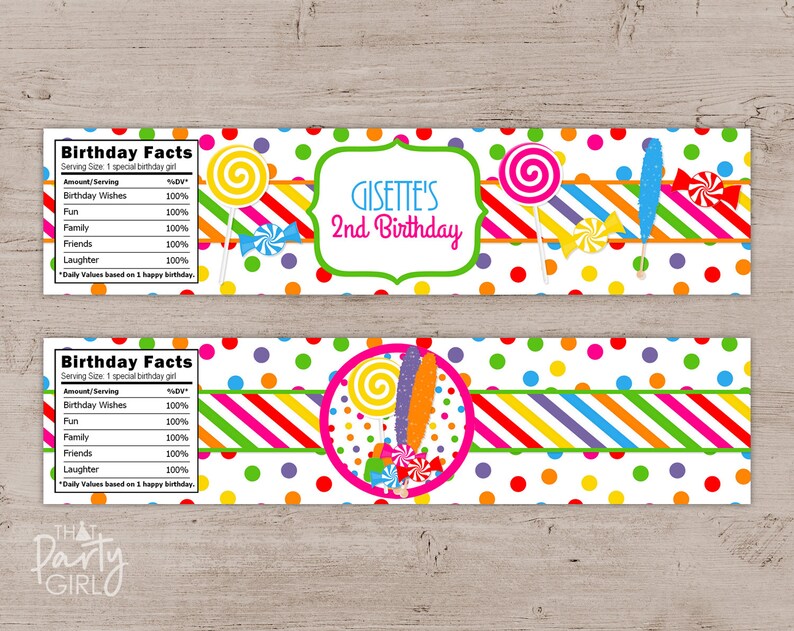 Peut inclure: Une &eacute;tiquette de faveur de f&ecirc;te de 2e anniversaire imprimable sur le th&egrave;me des bonbons color&eacute;s. L'&eacute;tiquette pr&eacute;sente un fond blanc avec des rayures et des pois color&eacute;s. Le texte "GISETTE'S 2nd Birthday" est dans un cadre vert et rose. L'&eacute;tiquette comprend &eacute;galement un tableau de valeur nutritionnelle avec un titre humoristique "Birthday Facts".