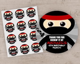 Ninja Party Favor Stickers, Ninja Birthday Party Treat Bag Labels, Ninja Party Favor Treat Bag Stickers Labels - Set of 12