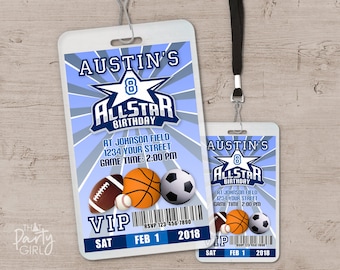 ALLSTAR Birthday Party VIP PASS Style Invitations, Printed Sports Birthday Party Invites, All-Star Birthday Party Favors, Sports Birthday