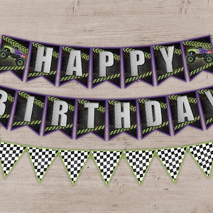 Monster Truck Party Banner, Birthday Party Decorations, Monster Truck Birthday Decor, Monster Truck Party Supplies, Printable Pennant Flags