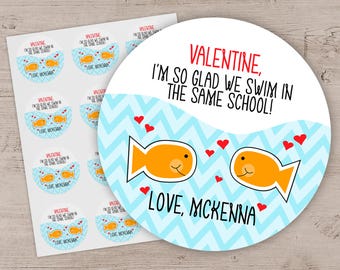 Goldfish Valentine Stickers, Kids Class Party Favor Labels, Set of 12