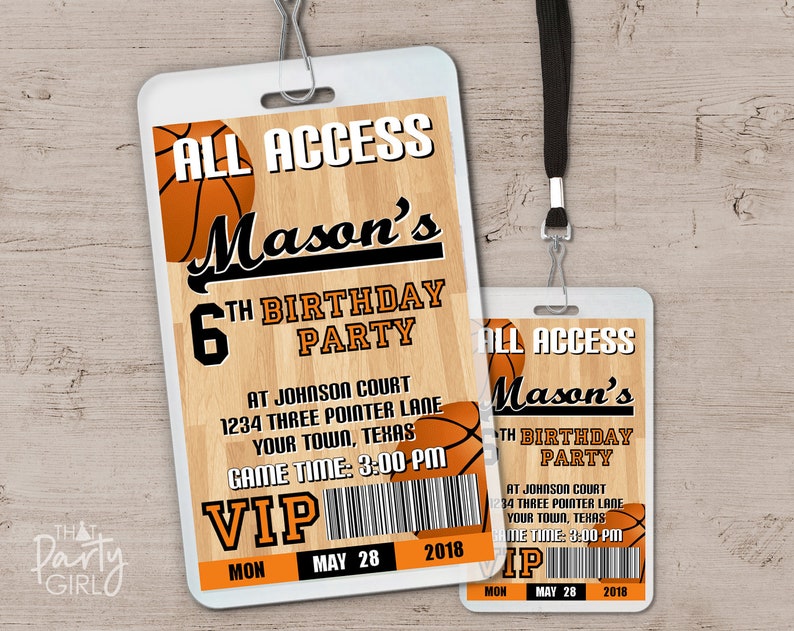 Basketball Birthday Party VIP Pass Style Invitations Printable DIY image 1