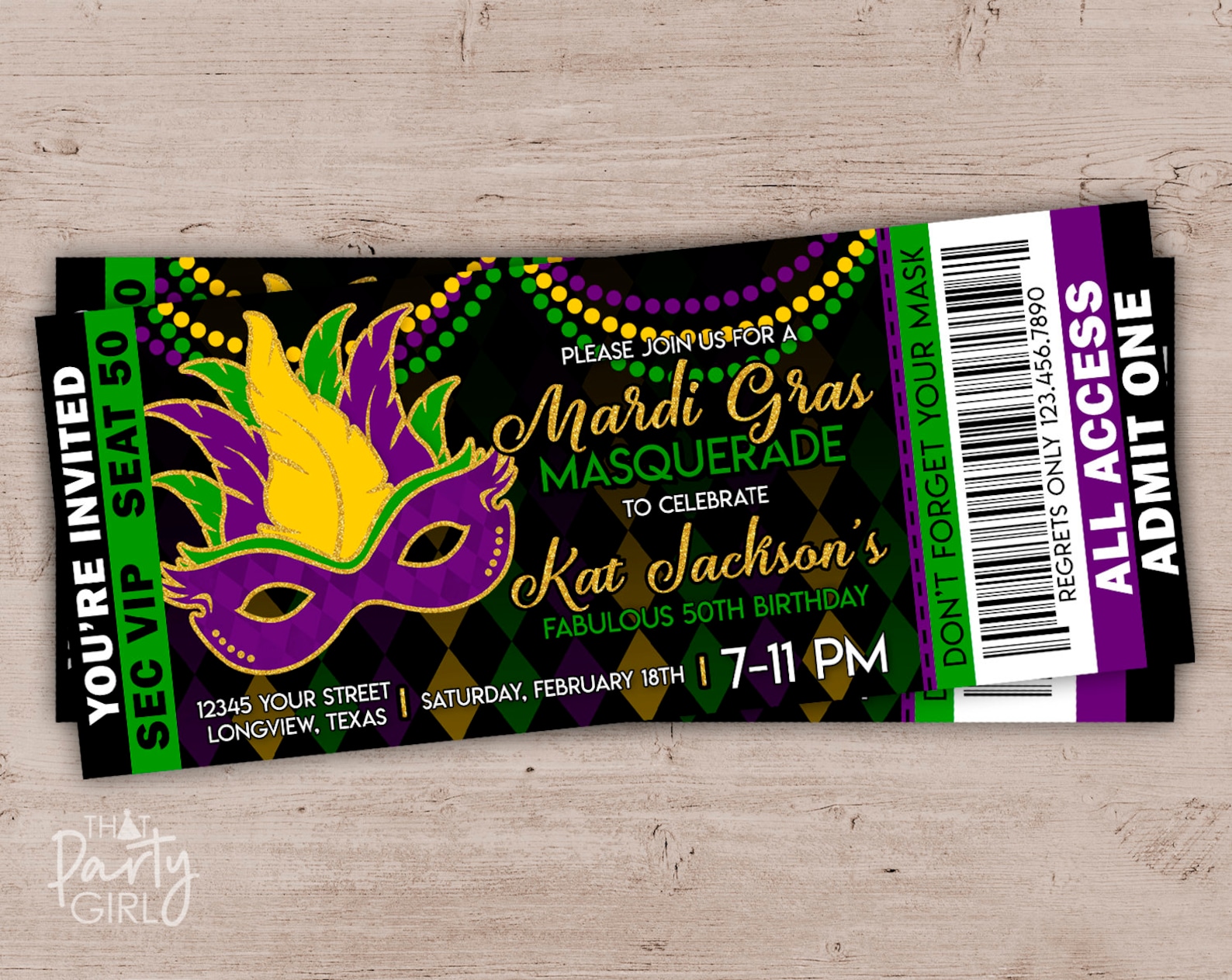 Mardi Gras Masquerade Party Ticket Style Invitations DIY U | Etsy