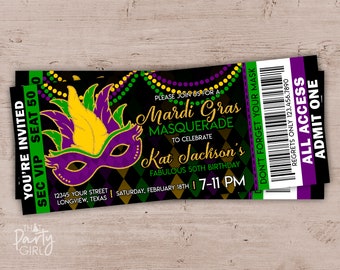 Mardi Gras Masquerade Party Ticket Style Invitations - DIY U Print
