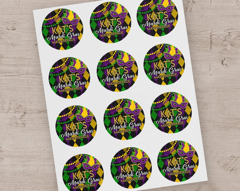 Mardi Gras Party Favor Stickers, Mardi Gras Birthday Party Treat Bag Labels, Mardi Gras Party Favor Treat Bag Stickers Labels Set of 12 image 3