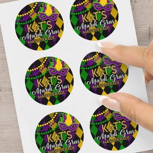 Mardi Gras Party Favor Stickers, Mardi Gras Birthday Party Treat Bag Labels, Mardi Gras Party Favor Treat Bag Stickers Labels Set of 12 image 2