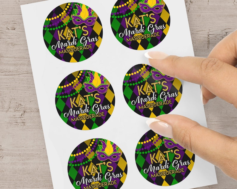 Mardi Gras Party Favor Stickers, Mardi Gras Birthday Party Treat Bag Labels, Mardi Gras Party Favor Treat Bag Stickers Labels Set of 12 image 2