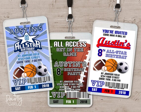 Invitation d'anniversaire Sports VIP Pass football, baseball