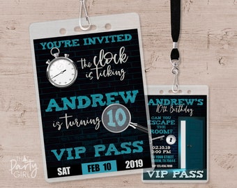 Printable Escape Room Party Invitation, VIP Pass Style Birthday Invitation, Escape Room Birthday Invite, Murder Mystery Party Invitation