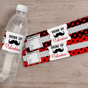 Etiquetas para garrafas de água para festa de bigode do Dia dos Namorados - Download instantâneo para impressão