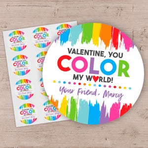Kids Valentine Stickers, You Color My World Valentine&#39;s Day Crayon Labels, Colorful Class Cards Exchange Rainbow Valentine Labels, Boy Girl