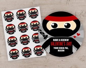 Ninja Valentine Stickers - Ninja Valentine's Day Treat Labels - Ninja Valentines Party Favors - Set of 12