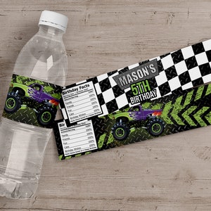 May include: Water bottle label with a green monster truck design. The label says "Mason's 5th Birthday".