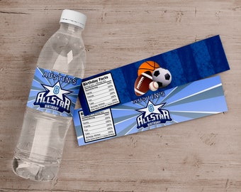 May include: Blue and white water bottle labels with a sports theme. The labels feature a star with the text "All-Star Birthday" and the number "8". The labels also include a basketball, football, soccer ball, and baseball.