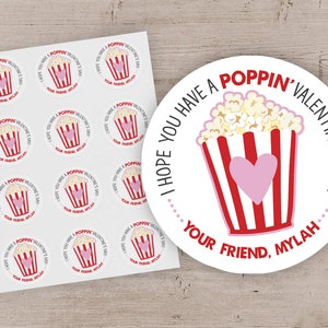 Popcorn Valentine Stickers, Kids Valentine's Day Popcorn Bag Stickers, Valentines Tags, Treat Bag Valentine Labels, Valentines - Set of 12