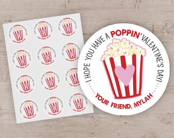 Popcorn Valentine Stickers, Kids Valentine's Day Popcorn Bag Stickers, Valentines Tags, Treat Bag Valentine Labels, Valentines - Set of 12