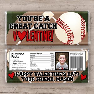 Baseball Valentine Candy Bar Wrappers, Baseball Valentines, Personalized Baseball Valentine&#39;s Day Printable, Boy Girl Sports School Party