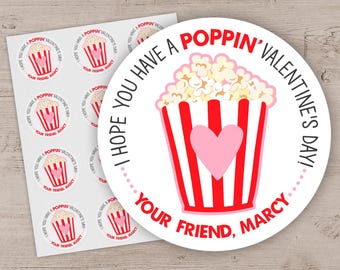 Popcorn Valentine Stickers, Kids Valentine's Day Popcorn Bag Stickers, Valentines Treat Labels, Poppin' Class Party Favors for Boy or Girl