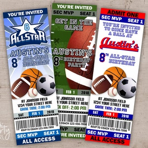 Sports Birthday Party Ticket Style Invitations Favors MVP image 1