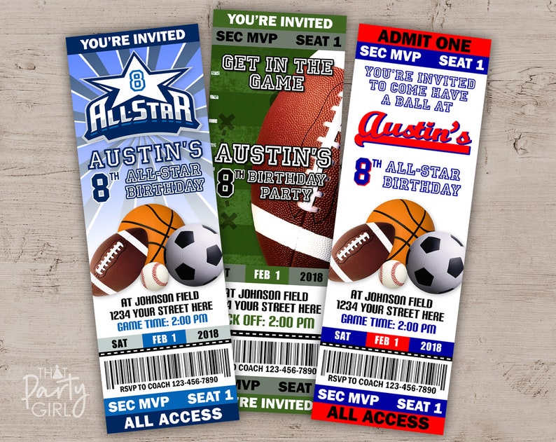 Sports Birthday Party Ticket Style Invitations Favors MVP Bild 1