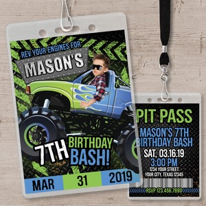 Monster Truck Invitation, Monster Truck Birthday Party Invitations, Monster Truck Party Decorations, VIP Pit Pass Birthday Decor Invites Green & Blue