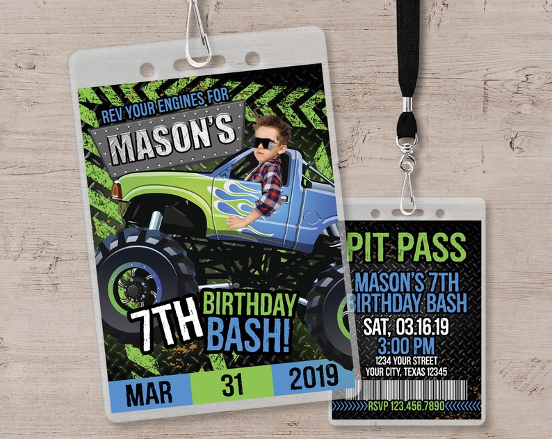 Monster Truck Invitation, Monster Truck Birthday Party Invitations, Monster Truck Party Decorations, VIP Pit Pass Birthday Decor Invites Green & Blue