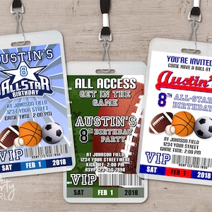 May include: Three printable VIP pass templates for a sports-themed birthday party. The passes are white with blue, red, and green accents. The text on the passes reads "Austin's 8th All-Star Birthday" and includes details about the party, such as the date, time, and location.