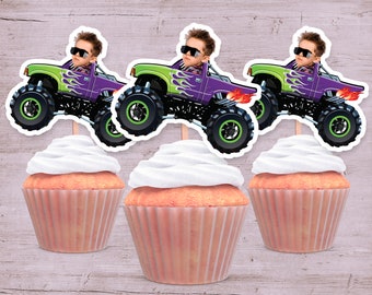 Personalized Monster Truck Photo Face Cupcake Toppers, Birthday Party Decor