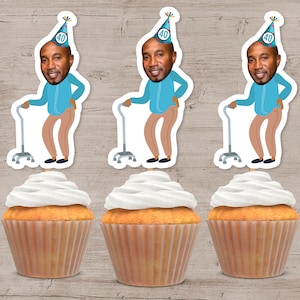 Printable Photo Cupcake Toppers, Over The Hill 30th 40th 50th 60th Birthday, Picture Cupcake Picks, Funny Birthday Decorations Decor