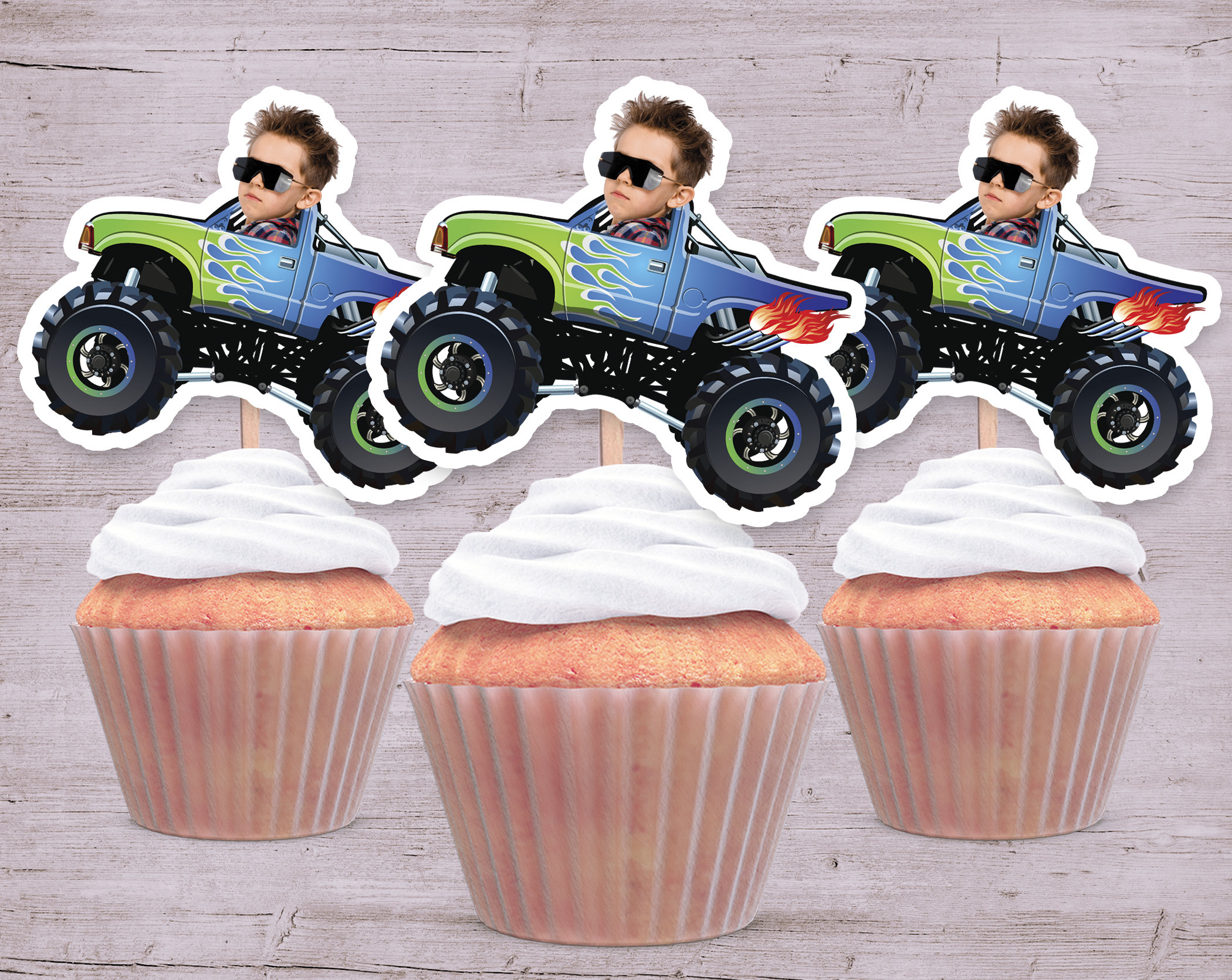 Monster Truck Party Photo Cupcake Toppers, Monster Truck Face Cupcake ...