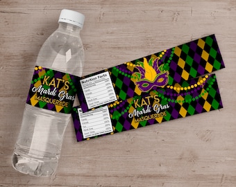 Printed Mardi Gras Water Bottle Labels, Mardi Gras Birthday Party Water Bottle Labels, Mardi Gras Birthday Party Favors