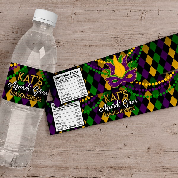 Printed Mardi Gras Water Bottle Labels, Mardi Gras Birthday Party Water Bottle Labels, Mardi Gras Birthday Party Favors