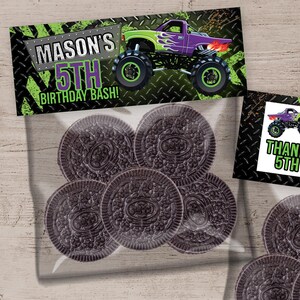 May include: A clear plastic bag filled with six chocolate sandwich cookies. The bag has a label that says "Mason's 5th Birthday Bash!" with a green and purple monster truck graphic.