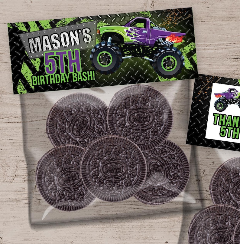 May include: A clear plastic bag filled with six chocolate sandwich cookies. The bag has a label that says "Mason's 5th Birthday Bash!" with a green and purple monster truck graphic.