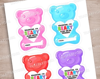 Printable Cute Bear Kids Valentines Cards, I'm Beary Glad We're Friends Valentine's Day Card, Boy Girl Valentine, School Class Digital File
